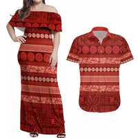 Fiji Marau na Kerisimasi Couples Matching Off Shoulder Maxi Dress and Hawaiian Shirt Red Tapa Masi Inspired Christmas - Polynesian Pride