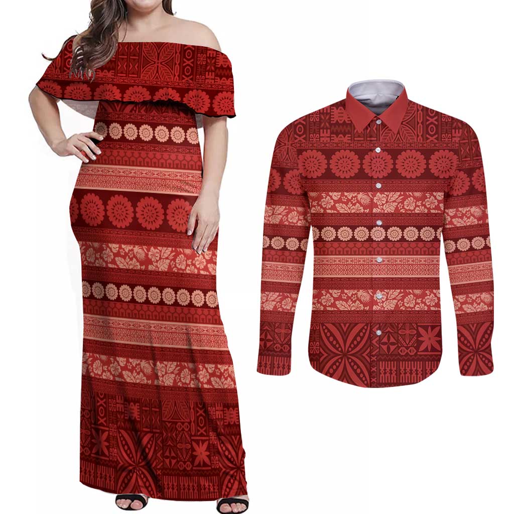 Fiji Marau na Kerisimasi Couples Matching Off Shoulder Maxi Dress and Long Sleeve Button Shirt Red Tapa Masi Inspired Christmas - Polynesian Pride