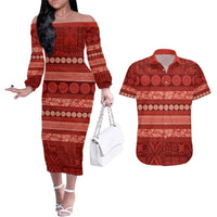 Fiji Marau na Kerisimasi Couples Matching Off The Shoulder Long Sleeve Dress and Hawaiian Shirt Red Tapa Masi Inspired Christmas - Polynesian Pride
