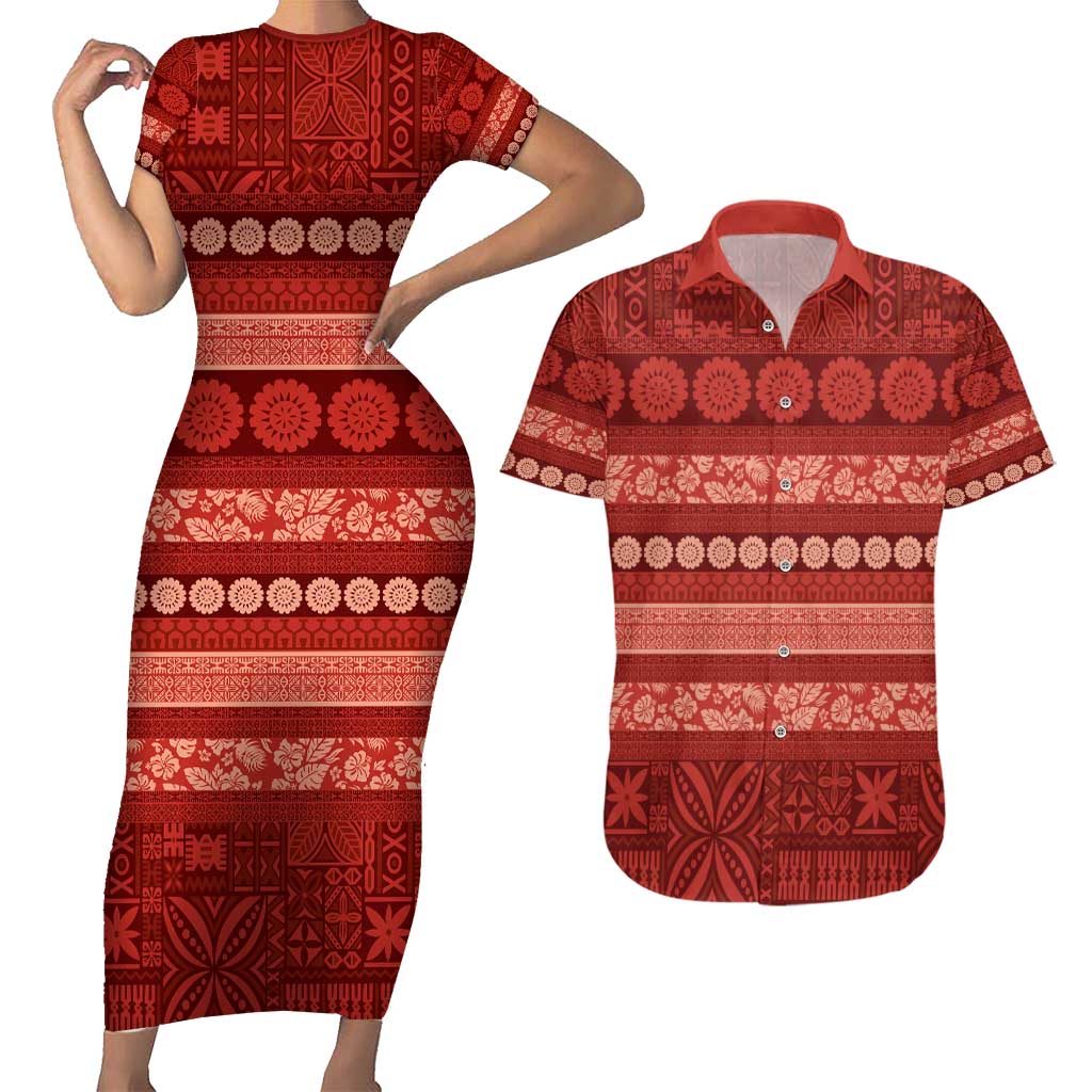 Fiji Marau na Kerisimasi Couples Matching Short Sleeve Bodycon Dress and Hawaiian Shirt Red Tapa Masi Inspired Christmas - Polynesian Pride