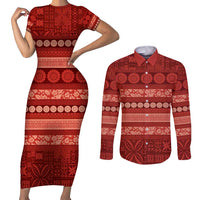 Fiji Marau na Kerisimasi Couples Matching Short Sleeve Bodycon Dress and Long Sleeve Button Shirt Red Tapa Masi Inspired Christmas - Polynesian Pride