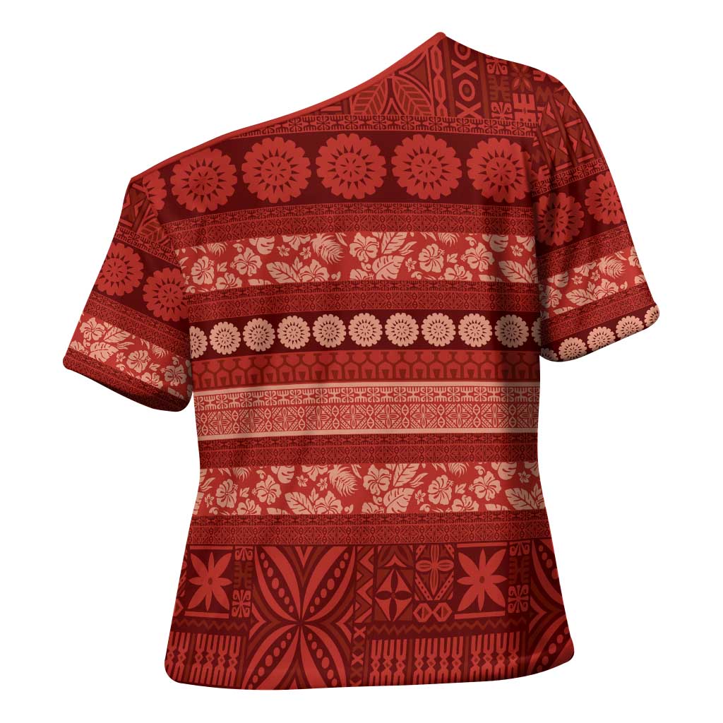 Fiji Marau na Kerisimasi Cross Shoulder Shirt Red Tapa Masi Inspired Christmas - Polynesian Pride