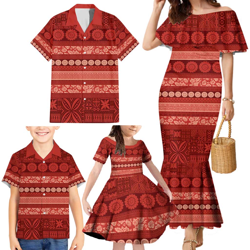 Fiji Marau na Kerisimasi Family Matching Mermaid Dress and Hawaiian Shirt Red Tapa Masi Inspired Christmas - Polynesian Pride