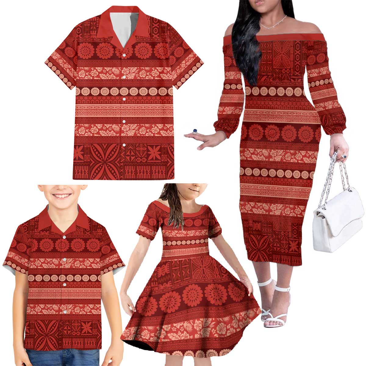 Fiji Marau na Kerisimasi Family Matching Off The Shoulder Long Sleeve Dress and Hawaiian Shirt Red Tapa Masi Inspired Christmas - Polynesian Pride