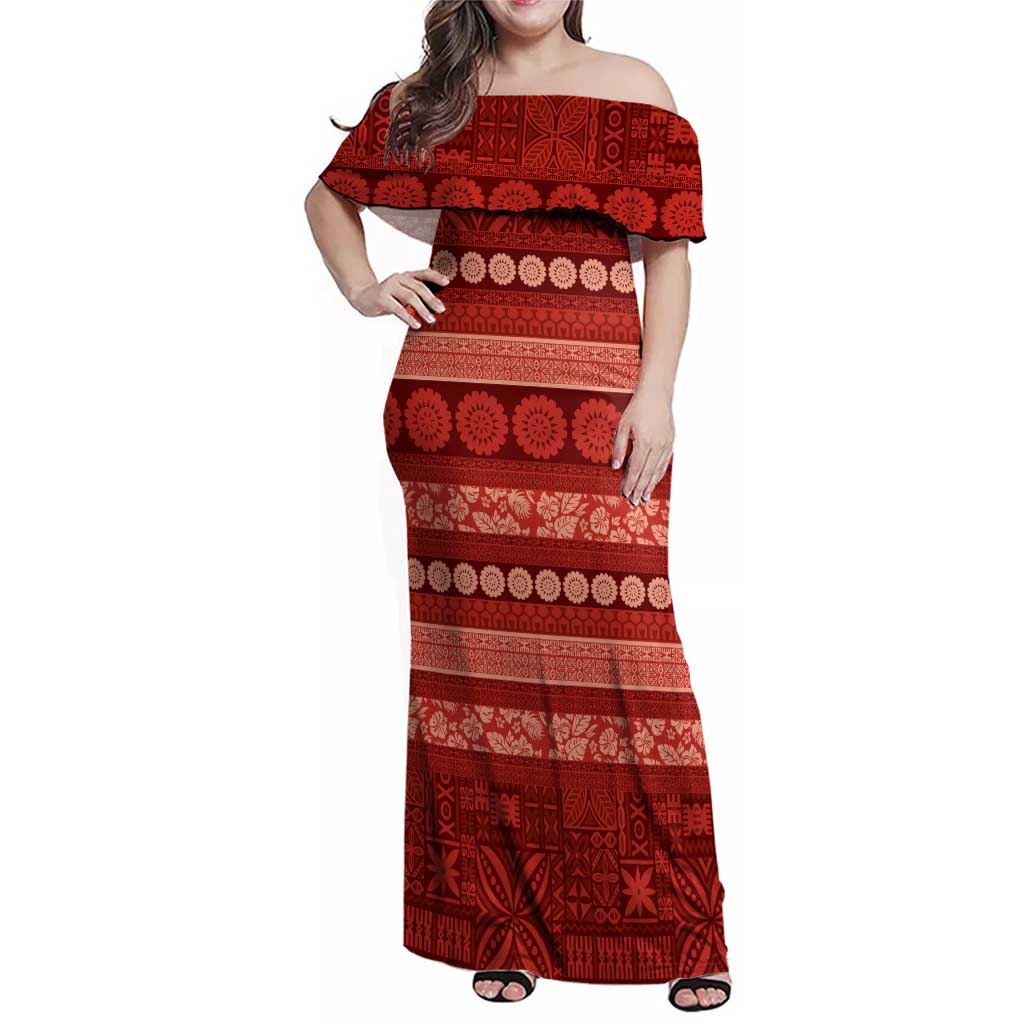 Fiji Marau na Kerisimasi Family Matching Off Shoulder Maxi Dress and Hawaiian Shirt Red Tapa Masi Inspired Christmas - Polynesian Pride