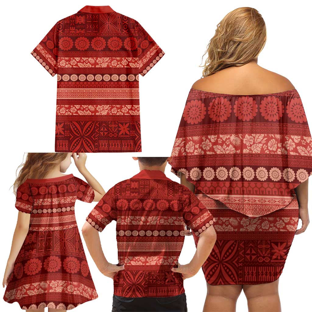 Fiji Marau na Kerisimasi Family Matching Off Shoulder Short Dress and Hawaiian Shirt Red Tapa Masi Inspired Christmas - Polynesian Pride