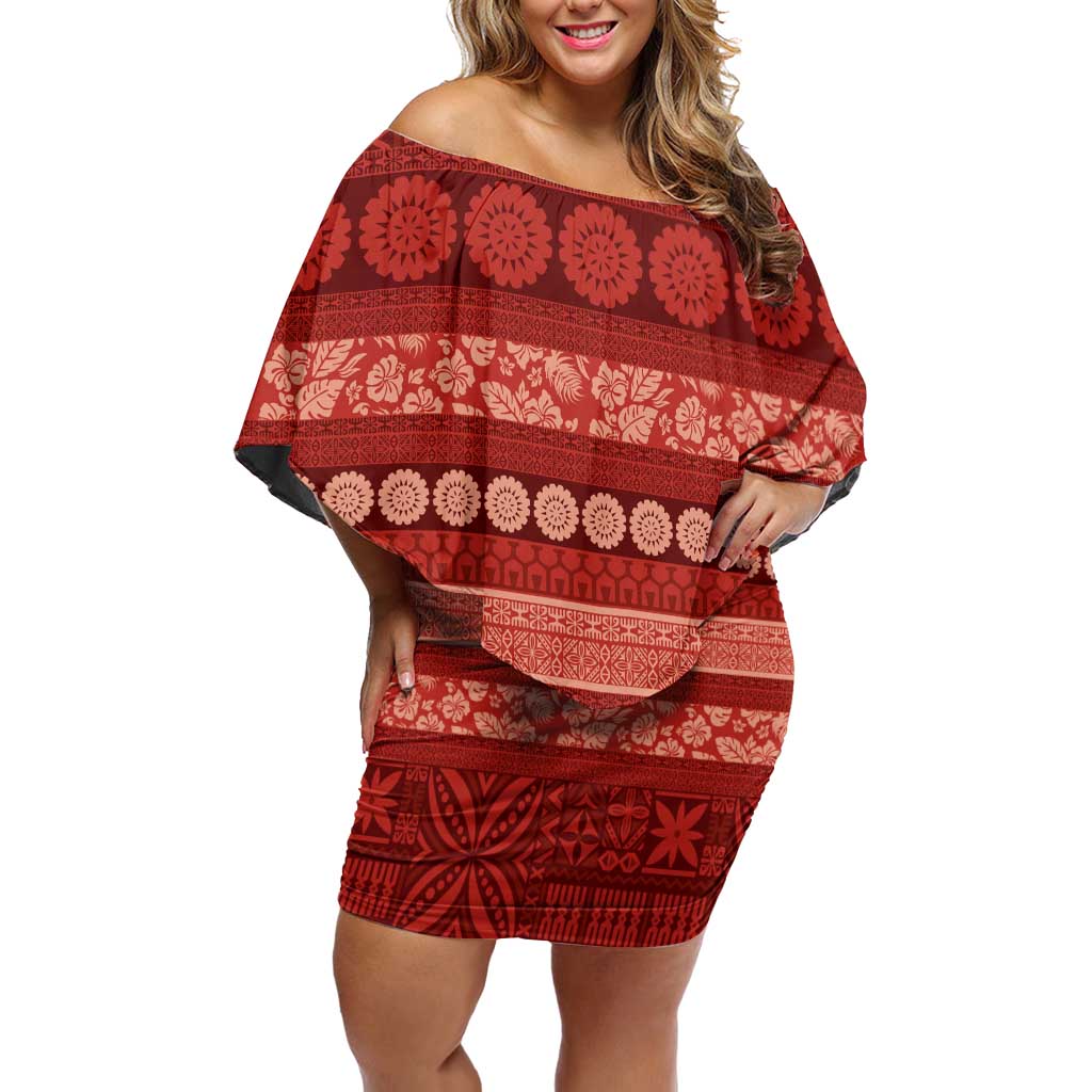 Fiji Marau na Kerisimasi Family Matching Off Shoulder Short Dress and Hawaiian Shirt Red Tapa Masi Inspired Christmas - Polynesian Pride