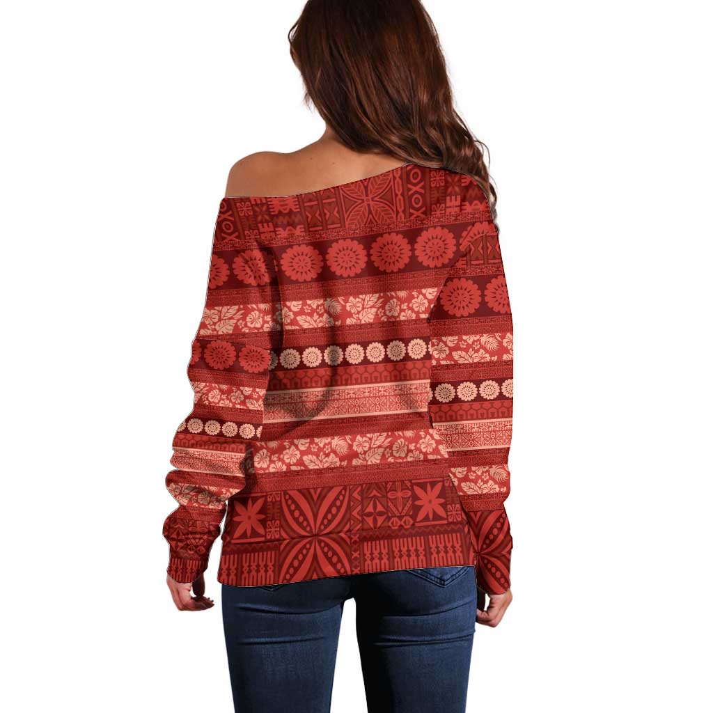 Fiji Marau na Kerisimasi Off Shoulder Sweater Red Tapa Masi Inspired Christmas - Polynesian Pride
