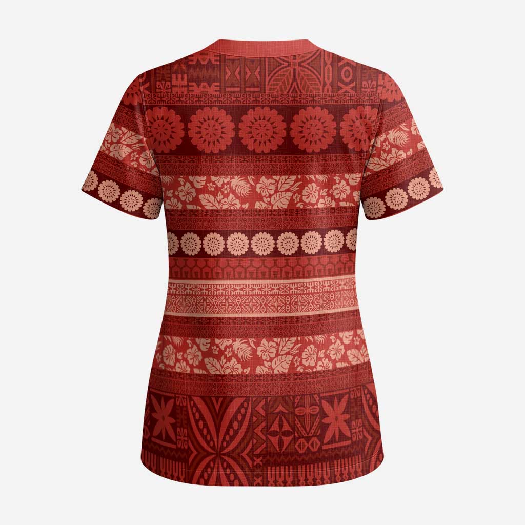 Fiji Marau na Kerisimasi Scrub Top Red Tapa Masi Inspired Christmas - Polynesian Pride