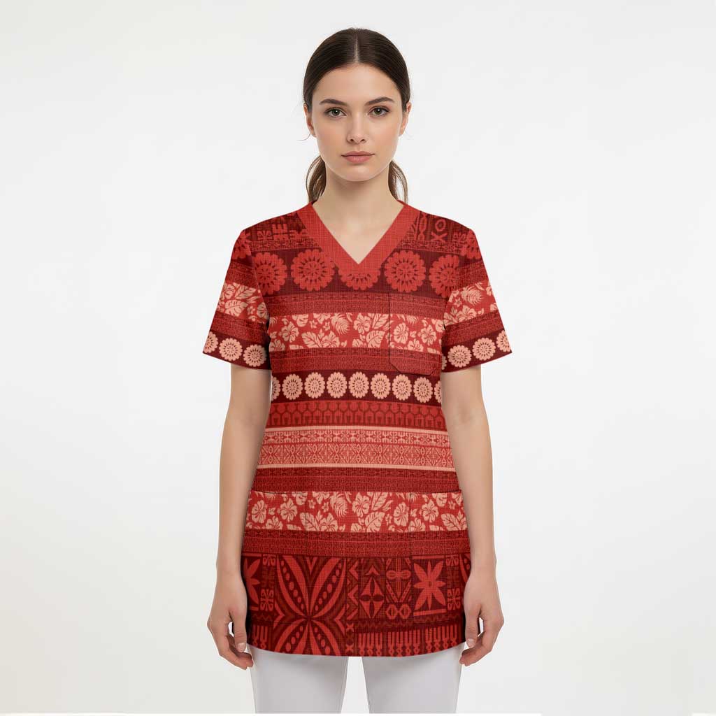 Fiji Marau na Kerisimasi Scrub Top Red Tapa Masi Inspired Christmas - Polynesian Pride
