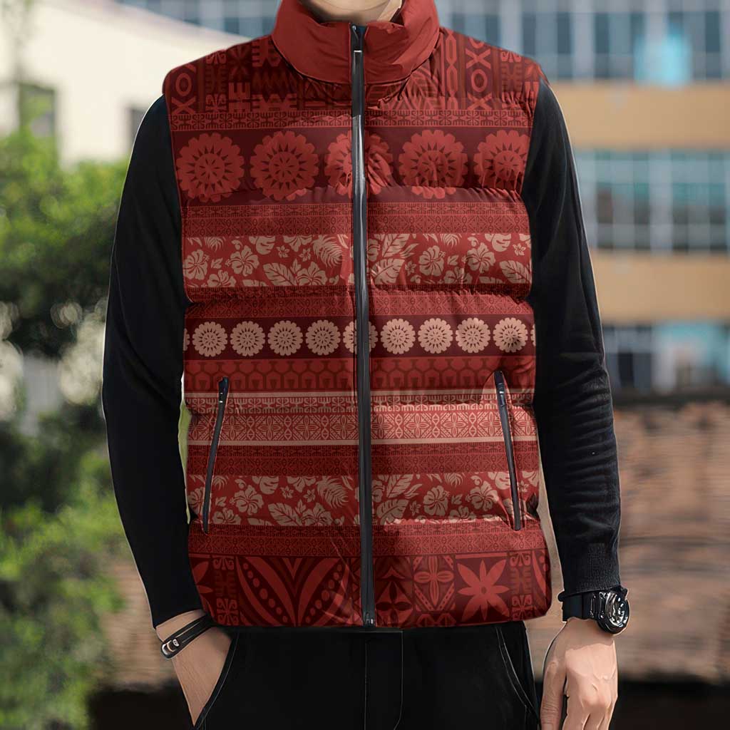 Fiji Marau na Kerisimasi Sleeveless Puffer Jacket Red Tapa Masi Inspired Christmas - Polynesian Pride