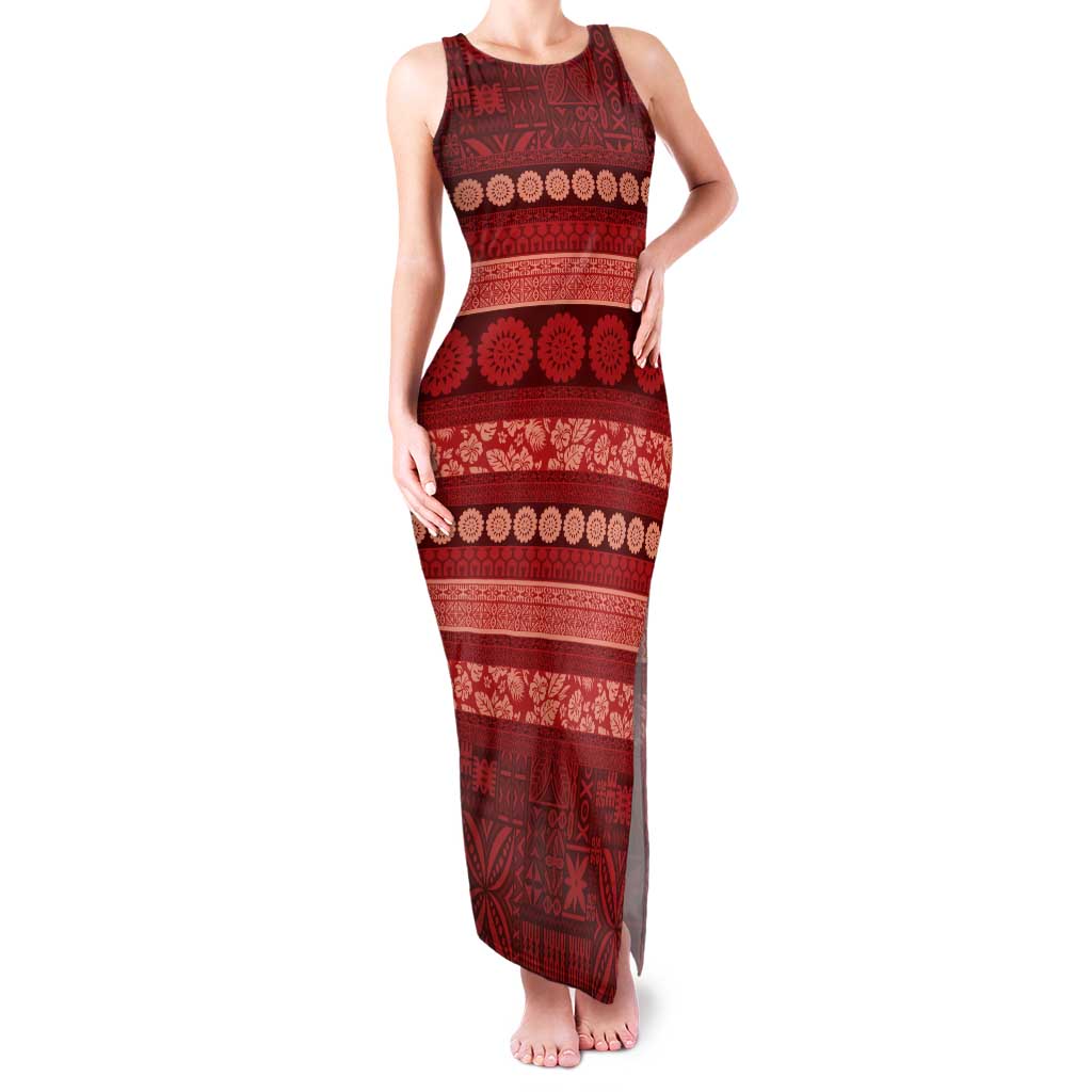 Fiji Marau na Kerisimasi Tank Maxi Dress Red Tapa Masi Inspired Christmas - Polynesian Pride