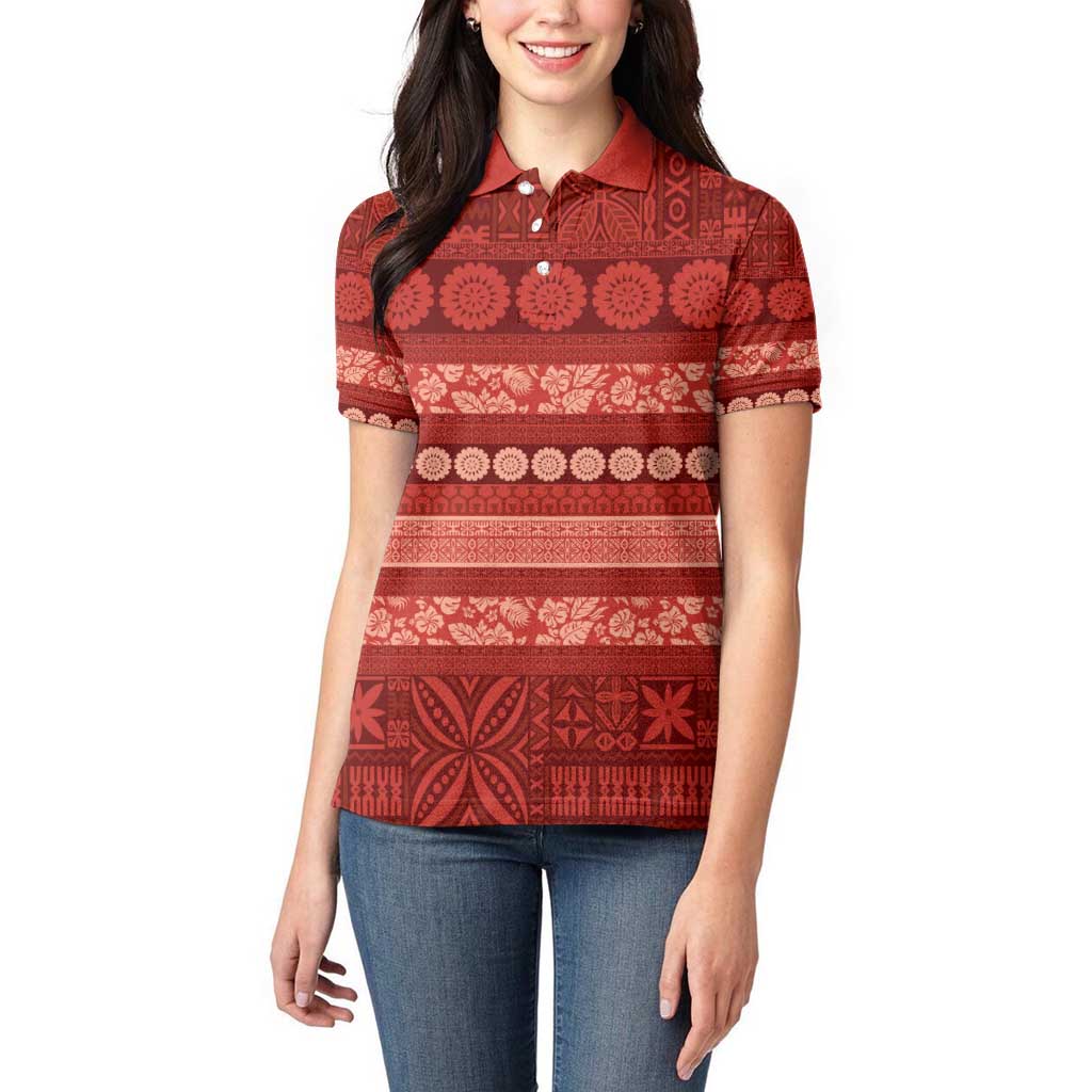 Fiji Marau na Kerisimasi Women Polo Shirt Red Tapa Masi Inspired Christmas - Polynesian Pride