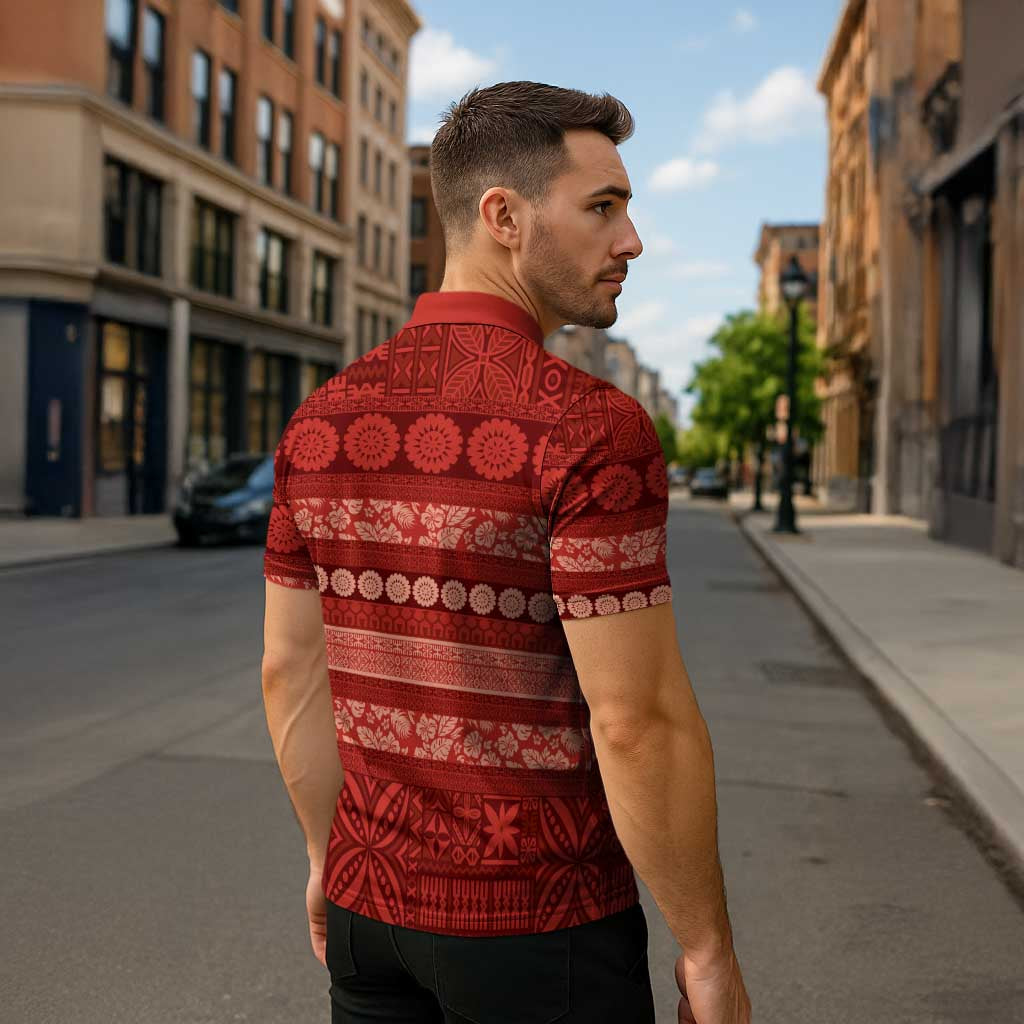 Fiji Marau na Kerisimasi Zipper Polo Shirt Red Tapa Masi Inspired Christmas - Polynesian Pride