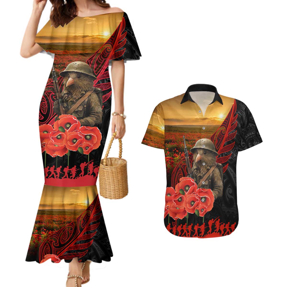 Maori Kiwi Soldier Fern Tattoo ANZAC Day Couples Matching Mermaid Dress and Hawaiian Shirt Lest We Forget