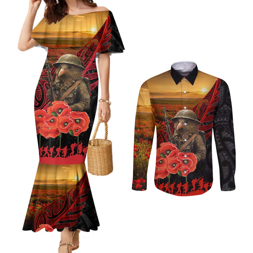 Maori Kiwi Soldier Fern Tattoo ANZAC Day Couples Matching Mermaid Dress and Long Sleeve Button Shirt Lest We Forget