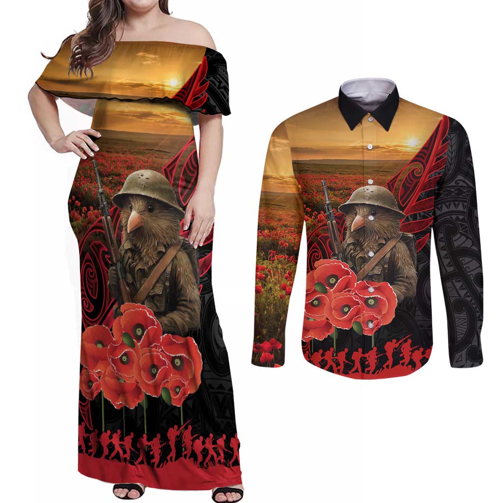 Maori Kiwi Soldier Fern Tattoo ANZAC Day Couples Matching Off Shoulder Maxi Dress and Long Sleeve Button Shirt Lest We Forget