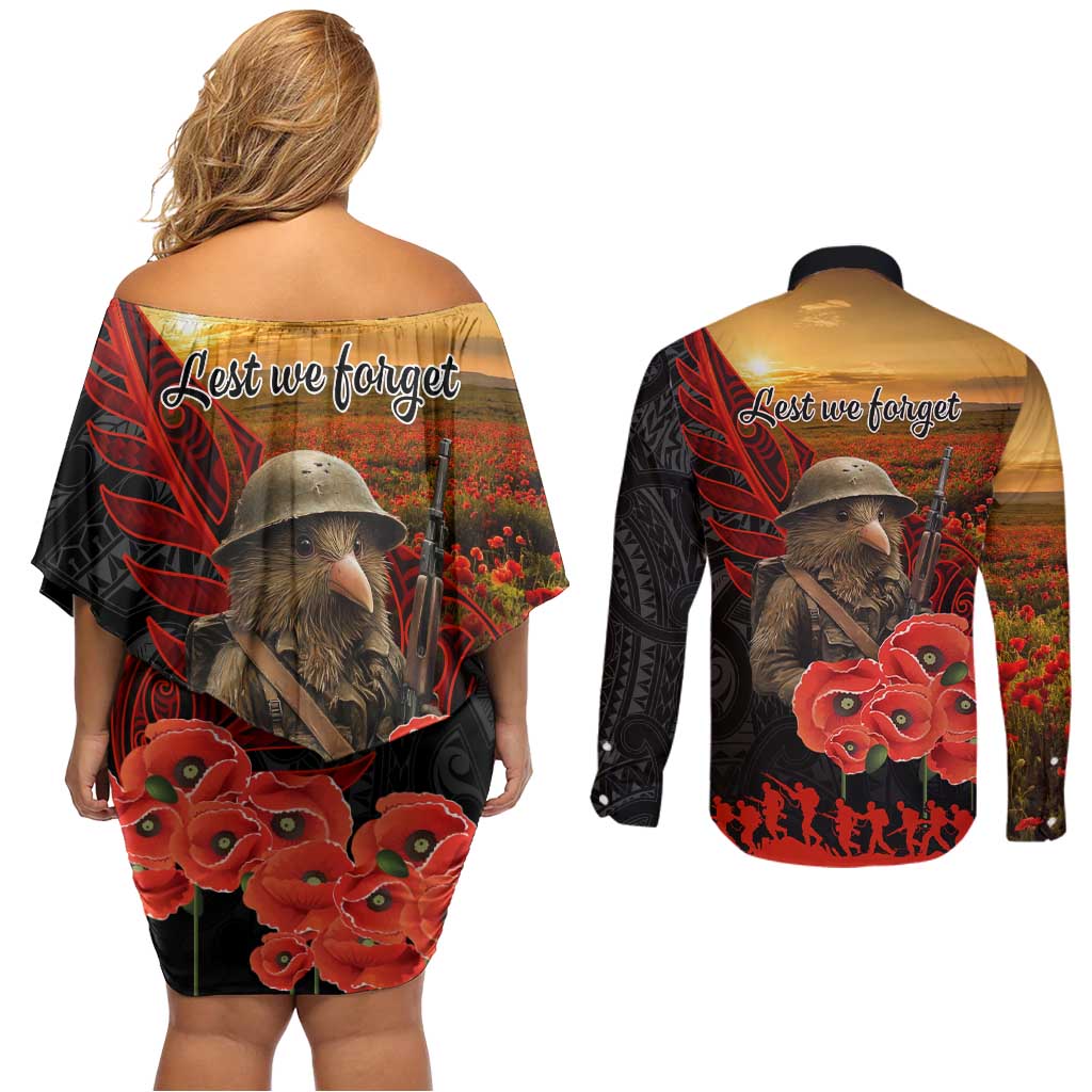 Maori Kiwi Soldier Fern Tattoo ANZAC Day Couples Matching Off Shoulder Short Dress and Long Sleeve Button Shirt Lest We Forget