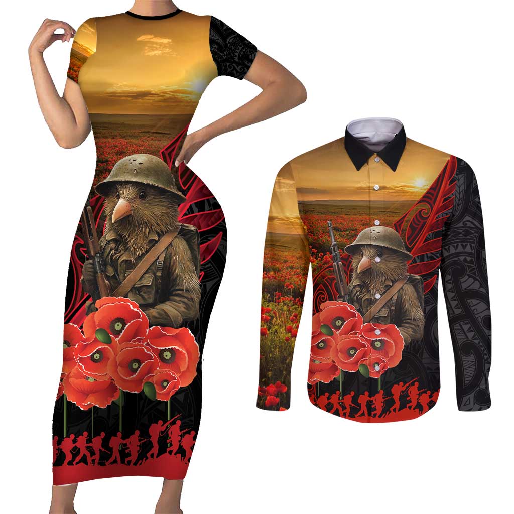 Maori Kiwi Soldier Fern Tattoo ANZAC Day Couples Matching Short Sleeve Bodycon Dress and Long Sleeve Button Shirt Lest We Forget