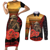 Maori Kiwi Soldier Fern Tattoo ANZAC Day Couples Matching Short Sleeve Bodycon Dress and Long Sleeve Button Shirt Lest We Forget