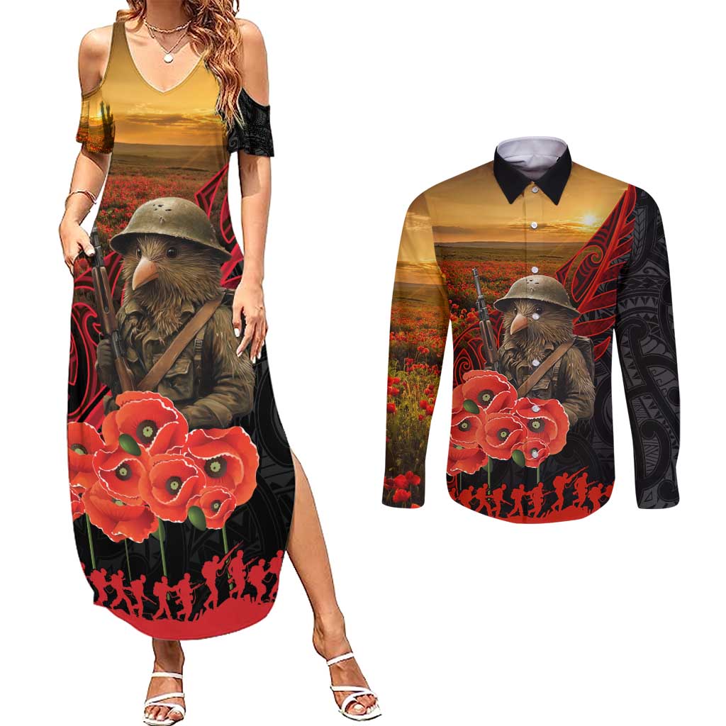 Maori Kiwi Soldier Fern Tattoo ANZAC Day Couples Matching Summer Maxi Dress and Long Sleeve Button Shirt Lest We Forget