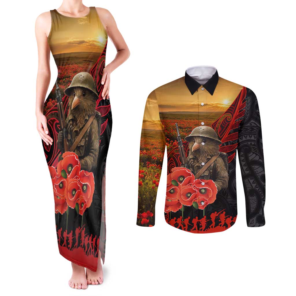 Maori Kiwi Soldier Fern Tattoo ANZAC Day Couples Matching Tank Maxi Dress and Long Sleeve Button Shirt Lest We Forget