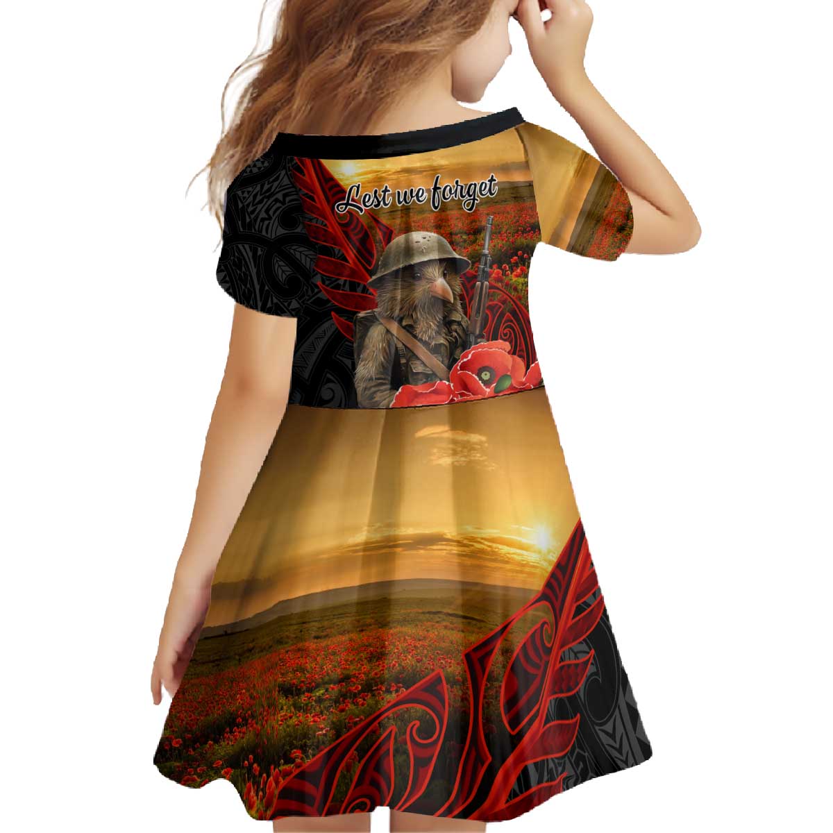 Maori Kiwi Soldier Fern Tattoo ANZAC Day Family Matching Off The Shoulder Long Sleeve Dress and Hawaiian Shirt Lest We Forget