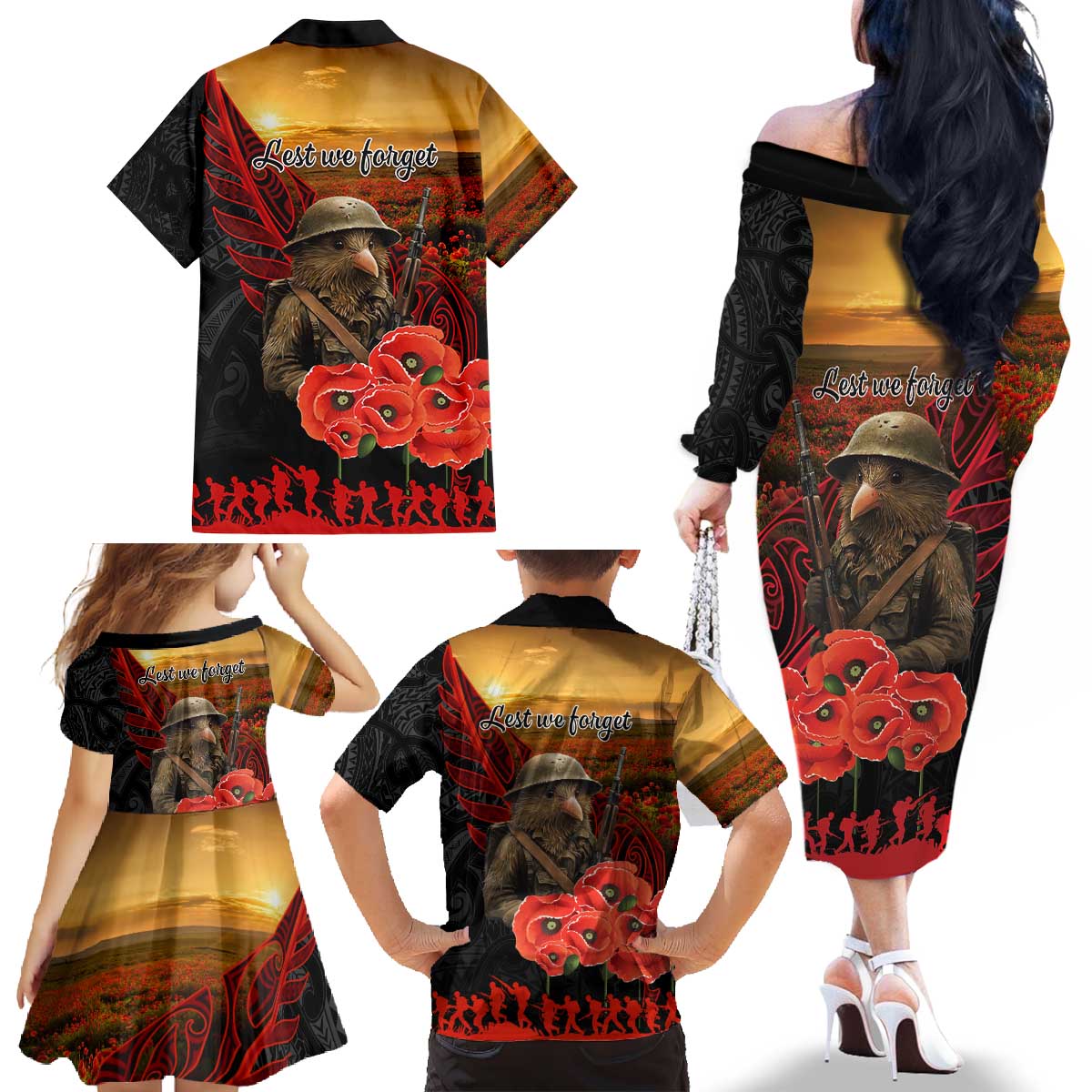 Maori Kiwi Soldier Fern Tattoo ANZAC Day Family Matching Off The Shoulder Long Sleeve Dress and Hawaiian Shirt Lest We Forget