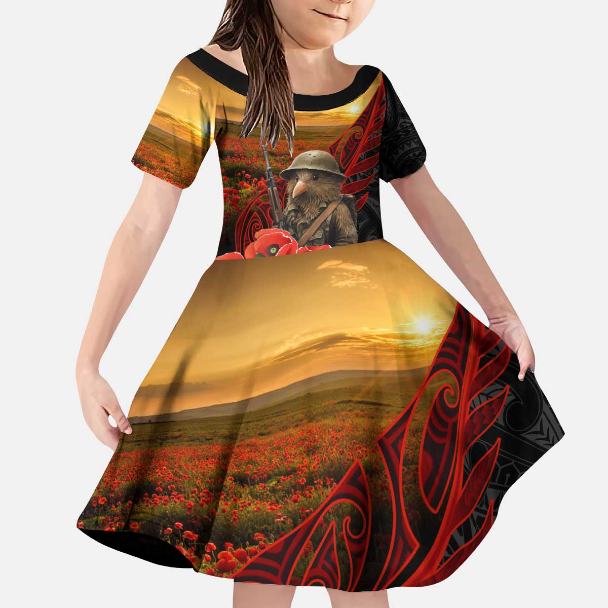 Maori Kiwi Soldier Fern Tattoo ANZAC Day Kid Short Sleeve Dress Lest We Forget