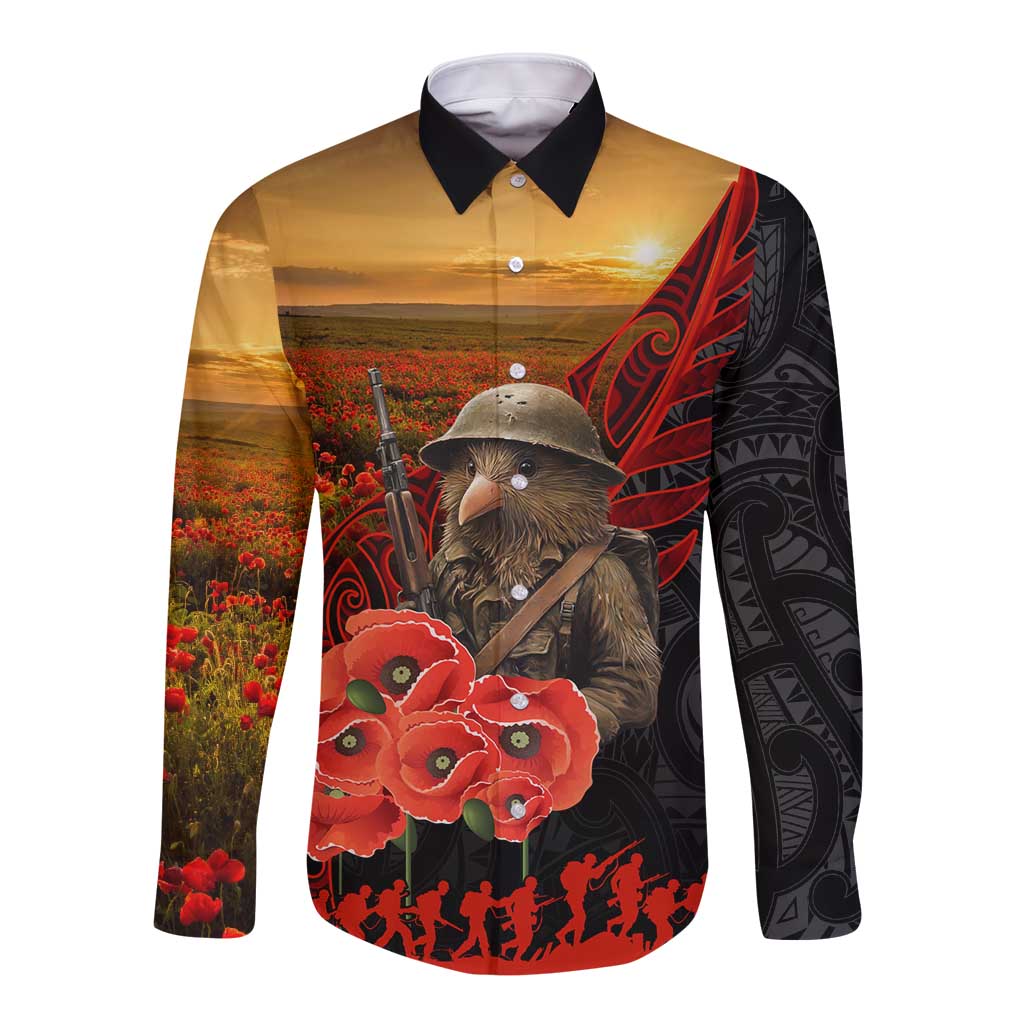 Maori Kiwi Soldier Fern Tattoo ANZAC Day Long Sleeve Button Shirt Lest We Forget