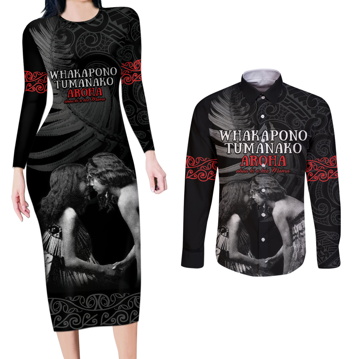 New Zealand Mother's Day Couples Matching Long Sleeve Bodycon Dress and Long Sleeve Button Shirt Maori Hongi Aroha Ahau Ki A Koe Mama