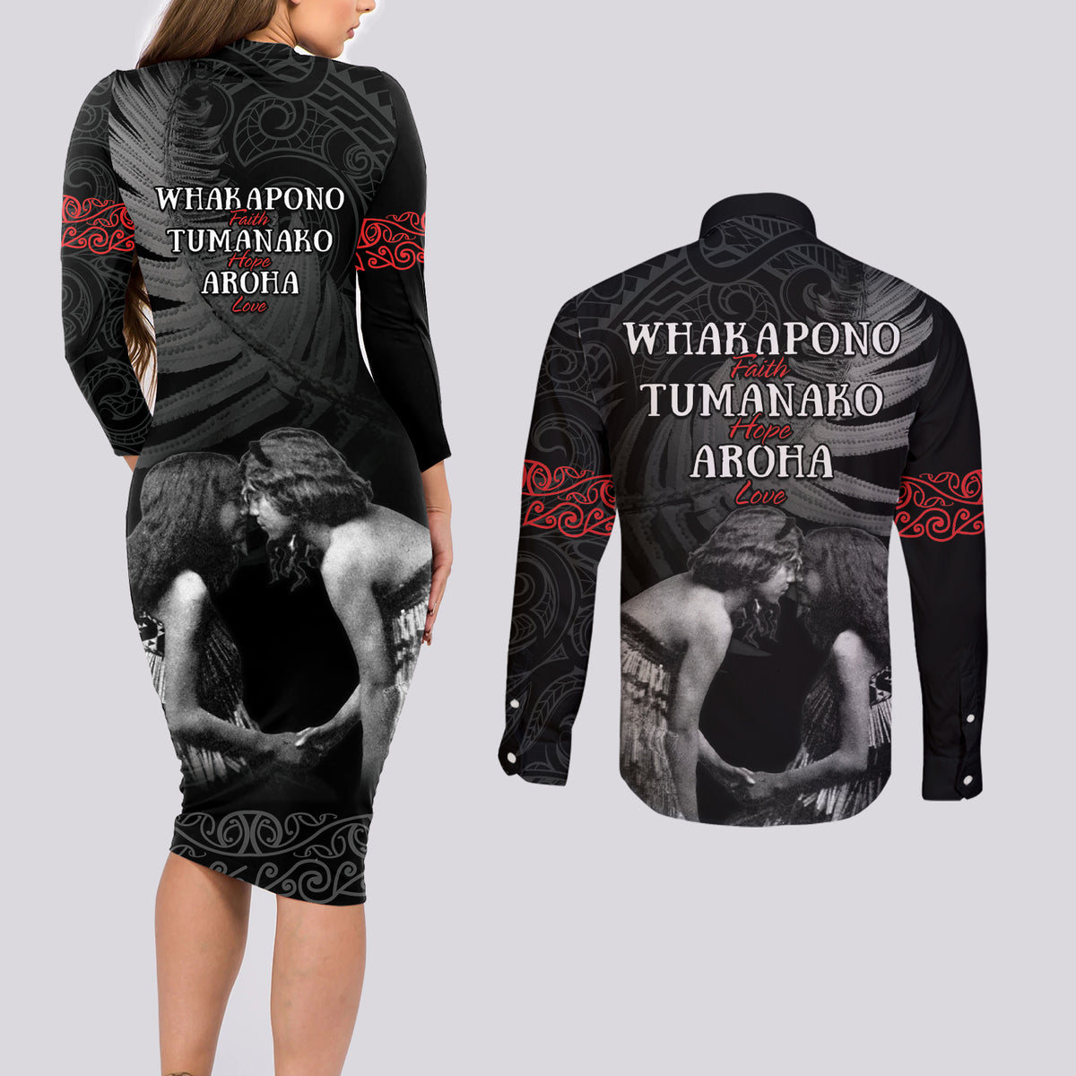 New Zealand Mother's Day Couples Matching Long Sleeve Bodycon Dress and Long Sleeve Button Shirt Maori Hongi Aroha Ahau Ki A Koe Mama