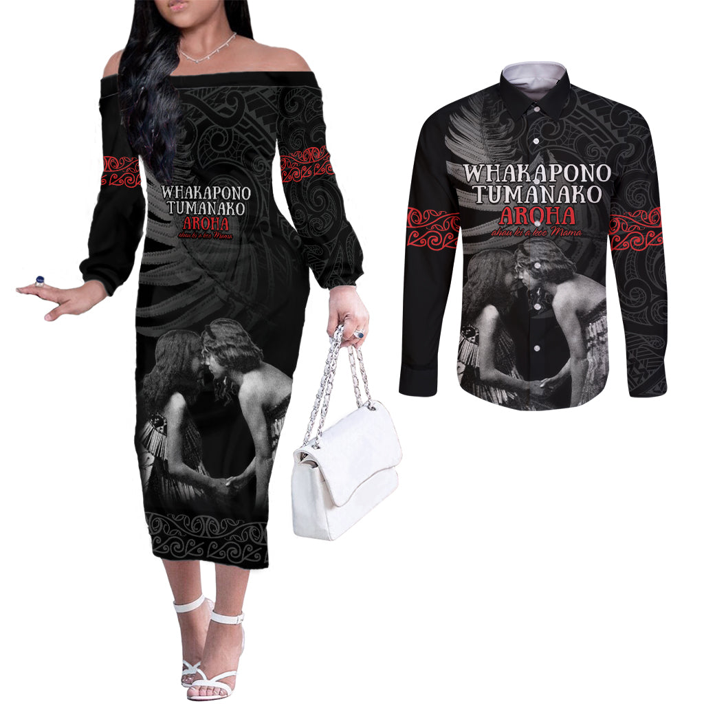 New Zealand Mother's Day Couples Matching Off The Shoulder Long Sleeve Dress and Long Sleeve Button Shirt Maori Hongi Aroha Ahau Ki A Koe Mama