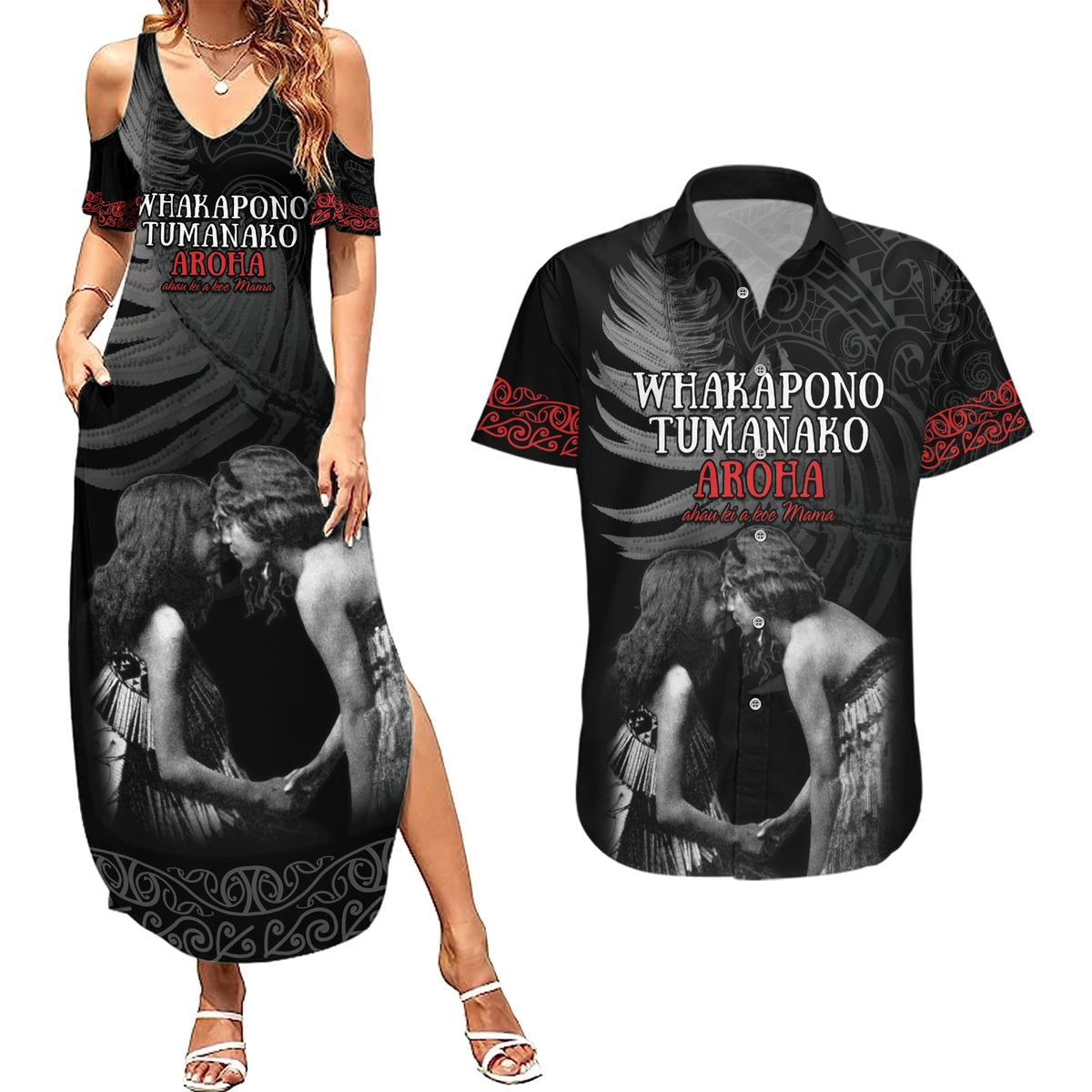 New Zealand Mother's Day Couples Matching Summer Maxi Dress and Hawaiian Shirt Maori Hongi Aroha Ahau Ki A Koe Mama