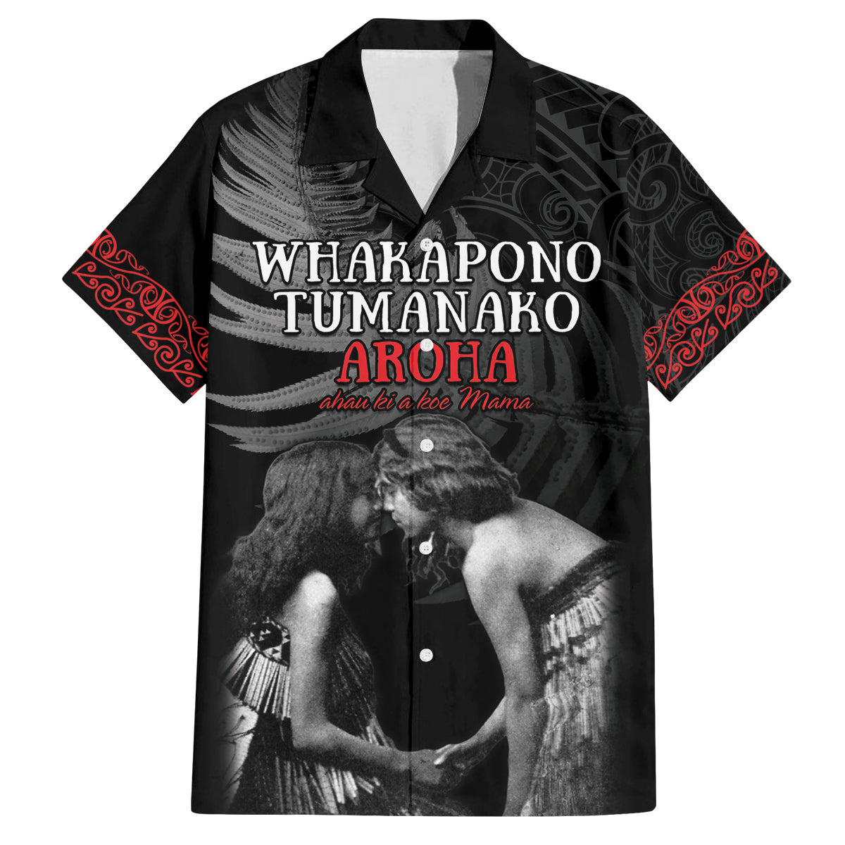 New Zealand Mother's Day Family Matching Off The Shoulder Long Sleeve Dress and Hawaiian Shirt Maori Hongi Aroha Ahau Ki A Koe Mama LT9 Dad's Shirt - Short Sleeve Black - Polynesian Pride