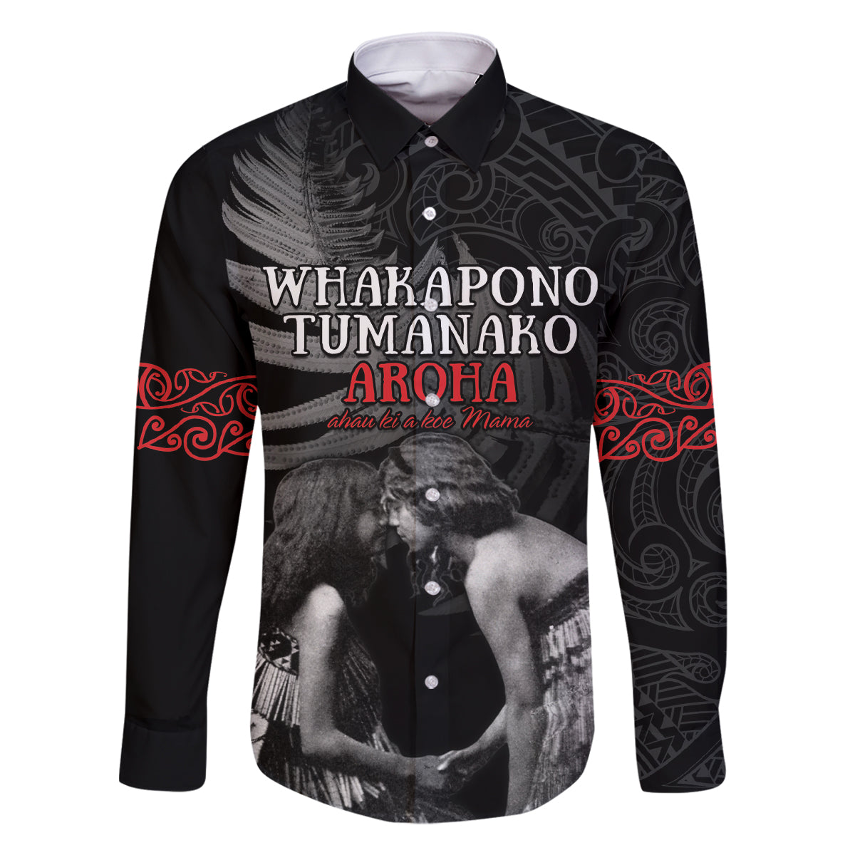 New Zealand Mother's Day Family Matching Off The Shoulder Long Sleeve Dress and Hawaiian Shirt Maori Hongi Aroha Ahau Ki A Koe Mama LT9 Dad's Shirt - Long Sleeve Black - Polynesian Pride