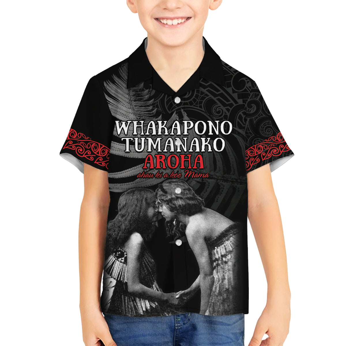 New Zealand Mother's Day Family Matching Off The Shoulder Long Sleeve Dress and Hawaiian Shirt Maori Hongi Aroha Ahau Ki A Koe Mama LT9 Son's Shirt Black - Polynesian Pride