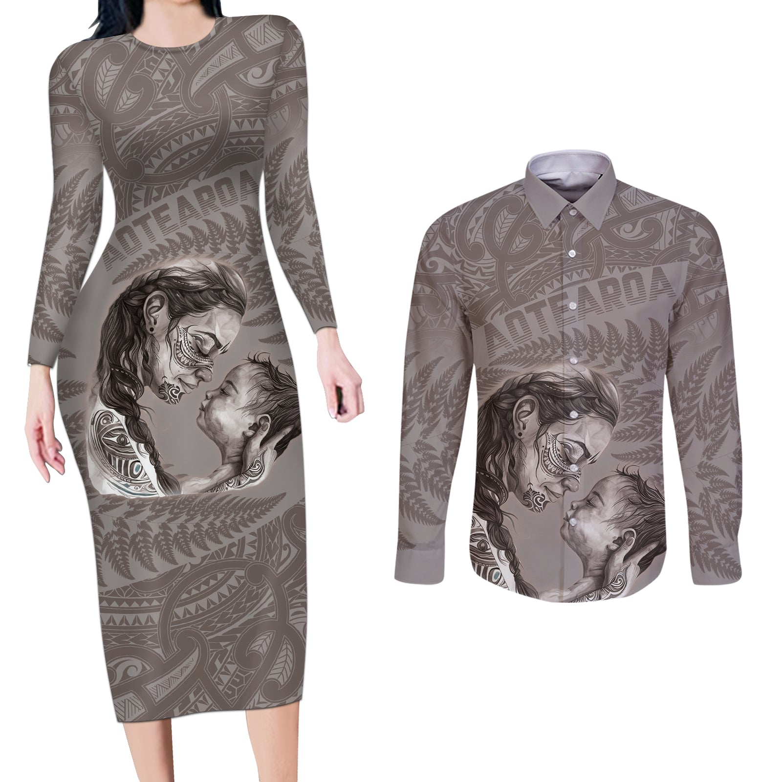 New Zealand Mother's Day Couples Matching Long Sleeve Bodycon Dress and Long Sleeve Button Shirt Maori Mo Toku Mama Silver Fern