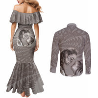 New Zealand Mother's Day Couples Matching Mermaid Dress and Long Sleeve Button Shirt Maori Mo Toku Mama Silver Fern