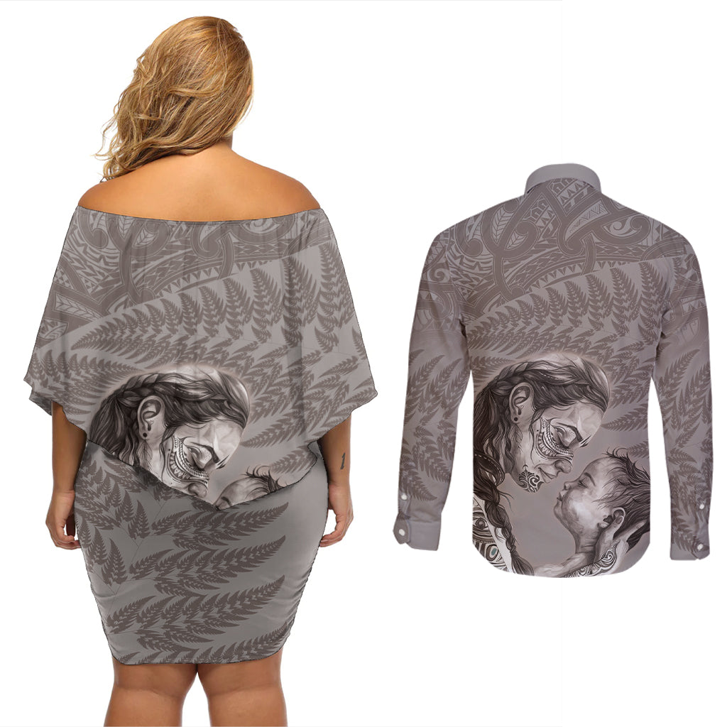 New Zealand Mother's Day Couples Matching Off Shoulder Short Dress and Long Sleeve Button Shirt Maori Mo Toku Mama Silver Fern