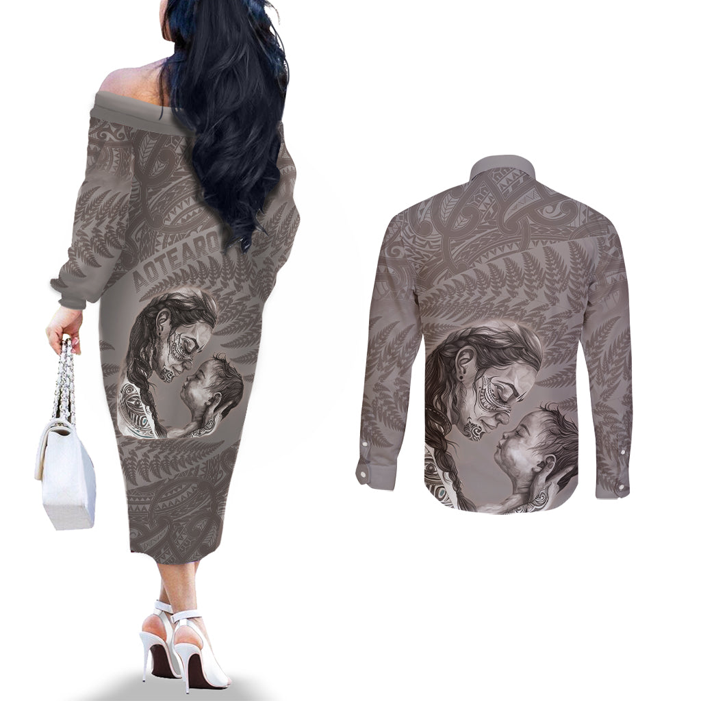 New Zealand Mother's Day Couples Matching Off The Shoulder Long Sleeve Dress and Long Sleeve Button Shirt Maori Mo Toku Mama Silver Fern