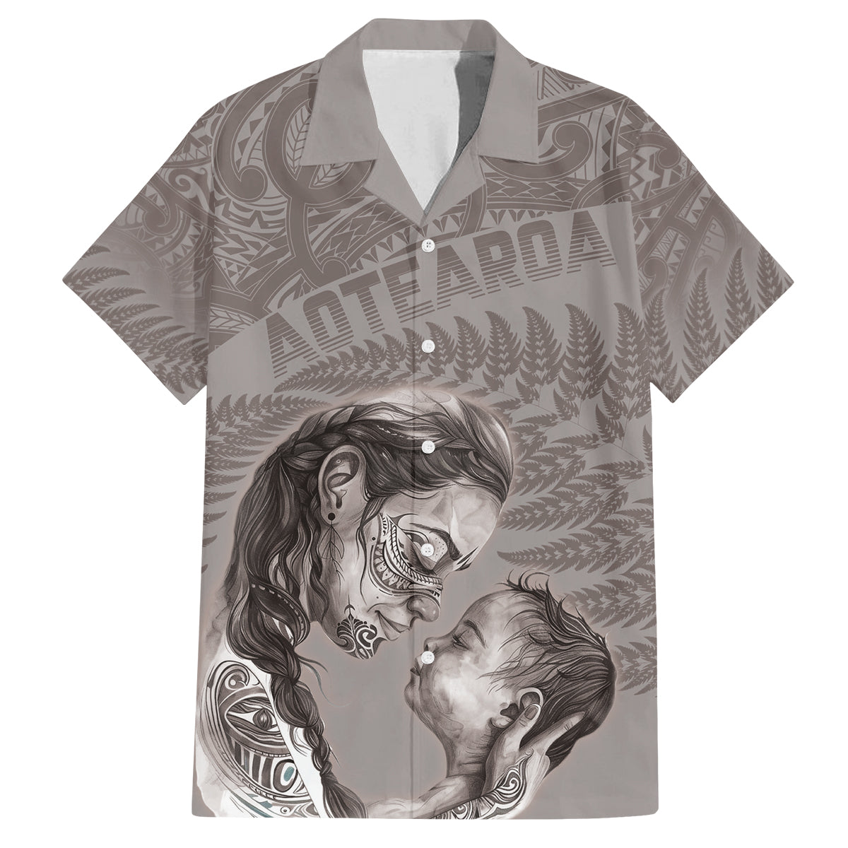New Zealand Mother's Day Family Matching Puletasi and Hawaiian Shirt Maori Mo Toku Mama Silver Fern LT9 Dad's Shirt - Short Sleeve Nude - Polynesian Pride