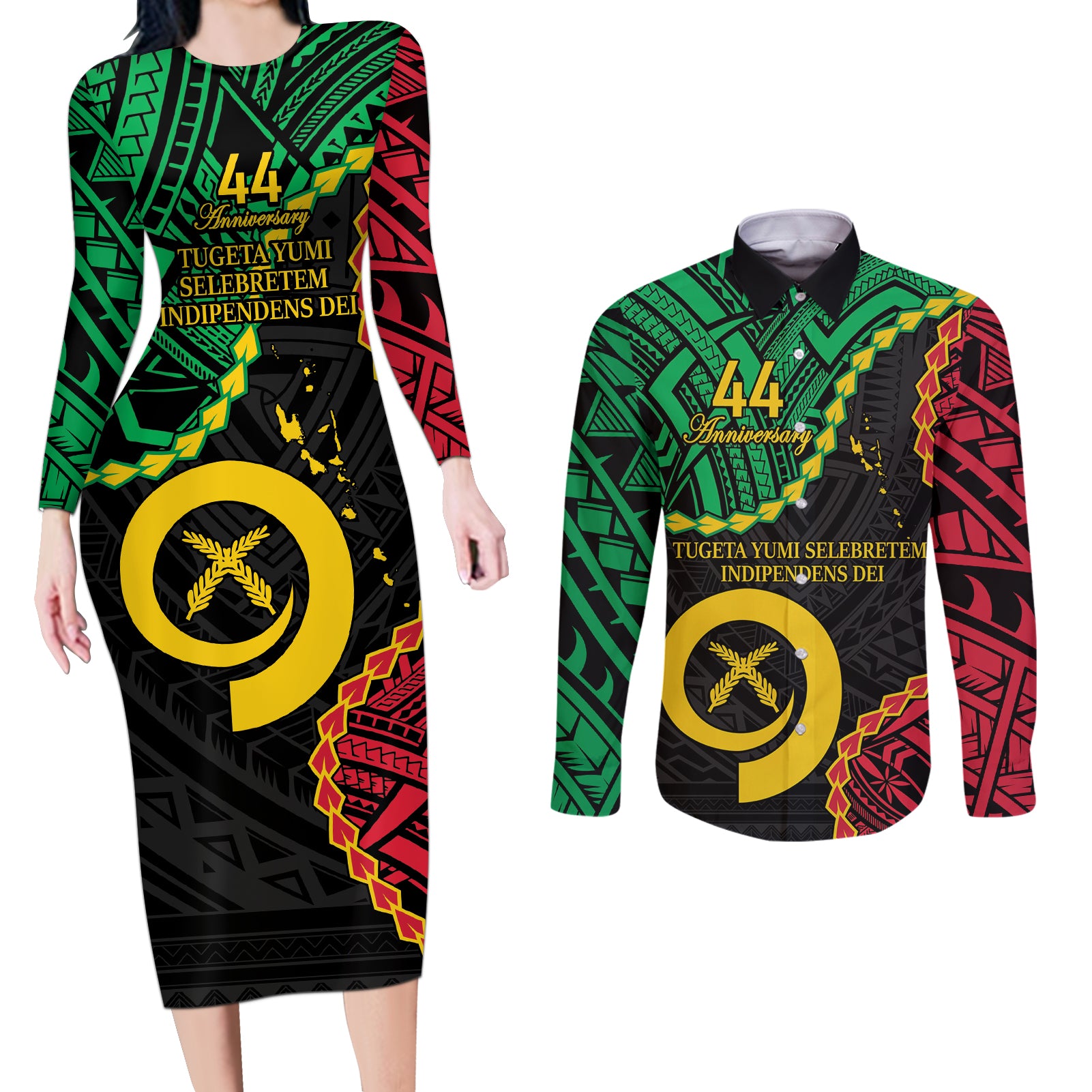 Personalised Vanuatu 44th Anniversary Couples Matching Long Sleeve Bodycon Dress and Long Sleeve Button Shirt Tugeta Yumi Selebretem Indipendens Dei