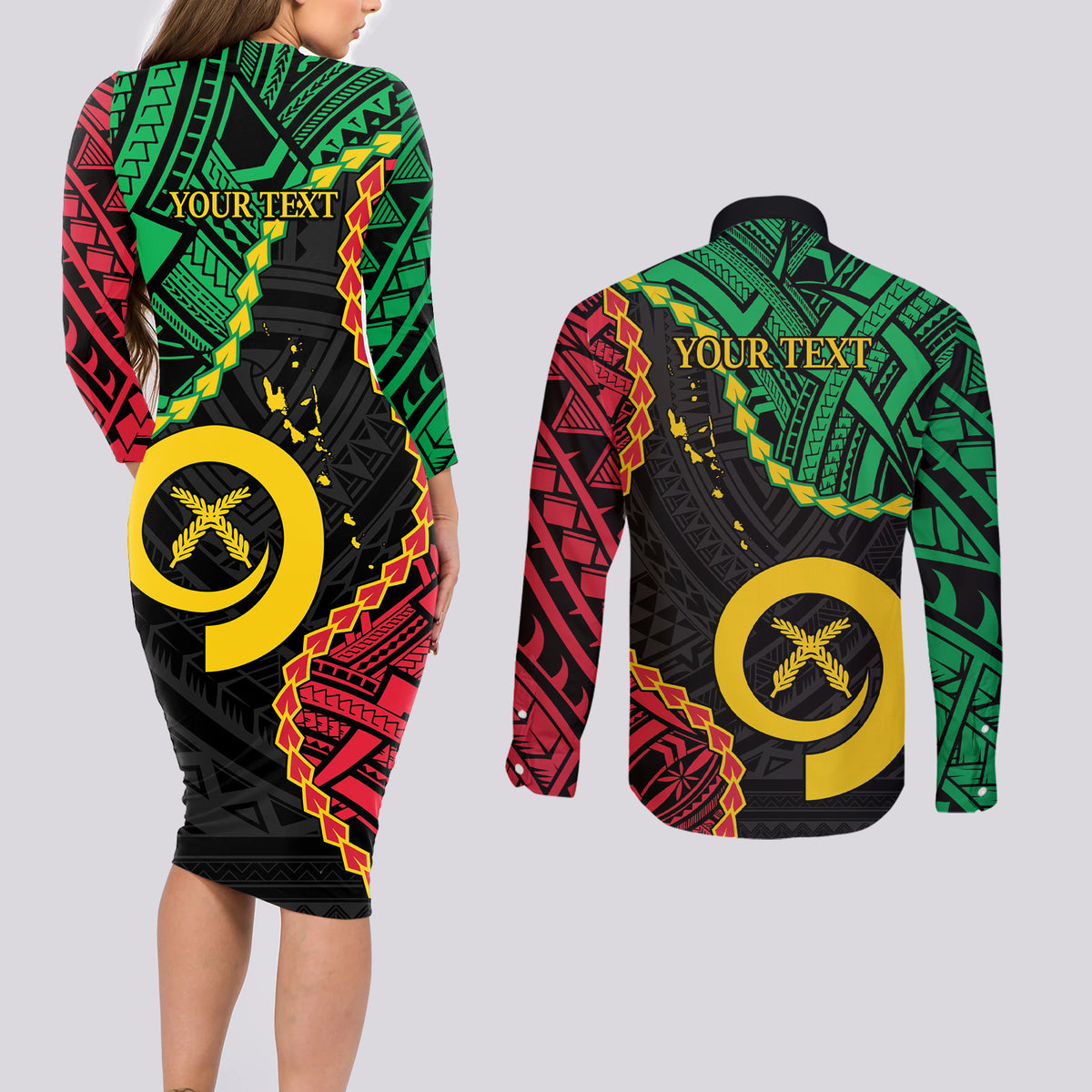 Personalised Vanuatu 44th Anniversary Couples Matching Long Sleeve Bodycon Dress and Long Sleeve Button Shirt Tugeta Yumi Selebretem Indipendens Dei
