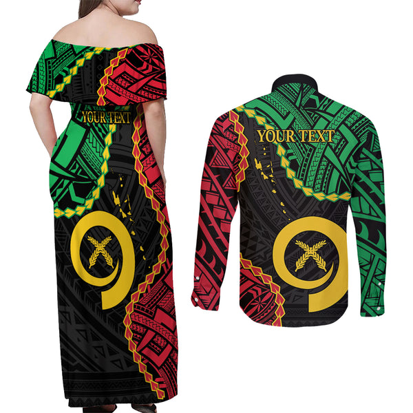 Personalized Vanuatu Penama Province Couples Matching Off Shoulder Maxi Dress and Long Sleeve Button Shirts Vanuatuan Coat Of Arms Polynesian Pattern LT05