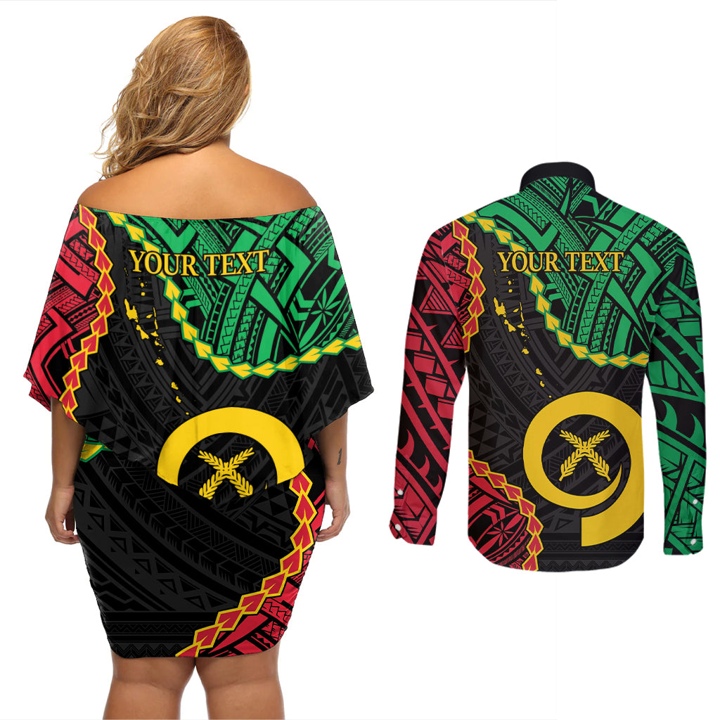 Personalised Vanuatu 44th Anniversary Couples Matching Off Shoulder Short Dress and Long Sleeve Button Shirt Tugeta Yumi Selebretem Indipendens Dei