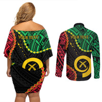 Personalised Vanuatu 44th Anniversary Couples Matching Off Shoulder Short Dress and Long Sleeve Button Shirt Tugeta Yumi Selebretem Indipendens Dei