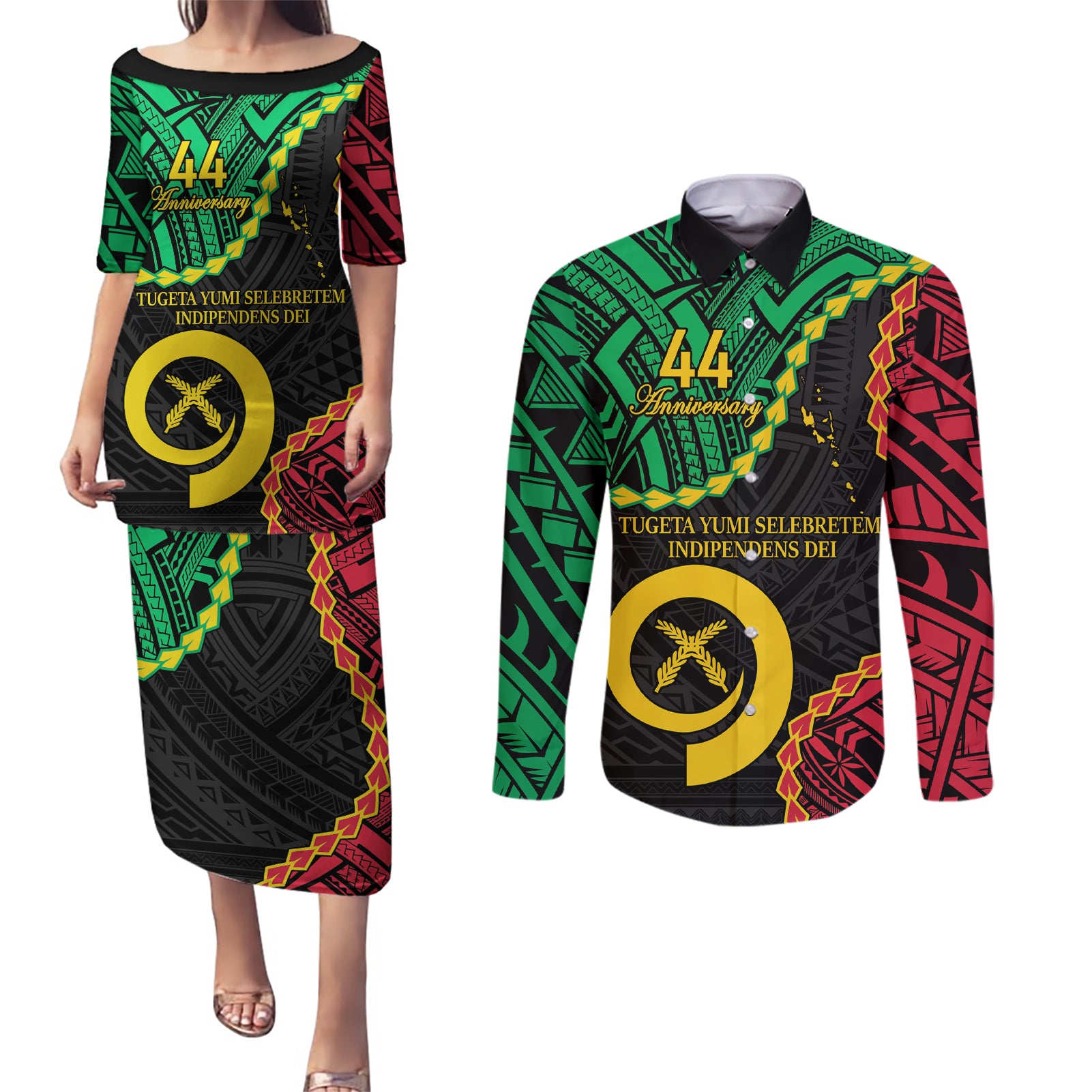 Personalised Vanuatu 44th Anniversary Couples Matching Puletasi and Long Sleeve Button Shirt Tugeta Yumi Selebretem Indipendens Dei
