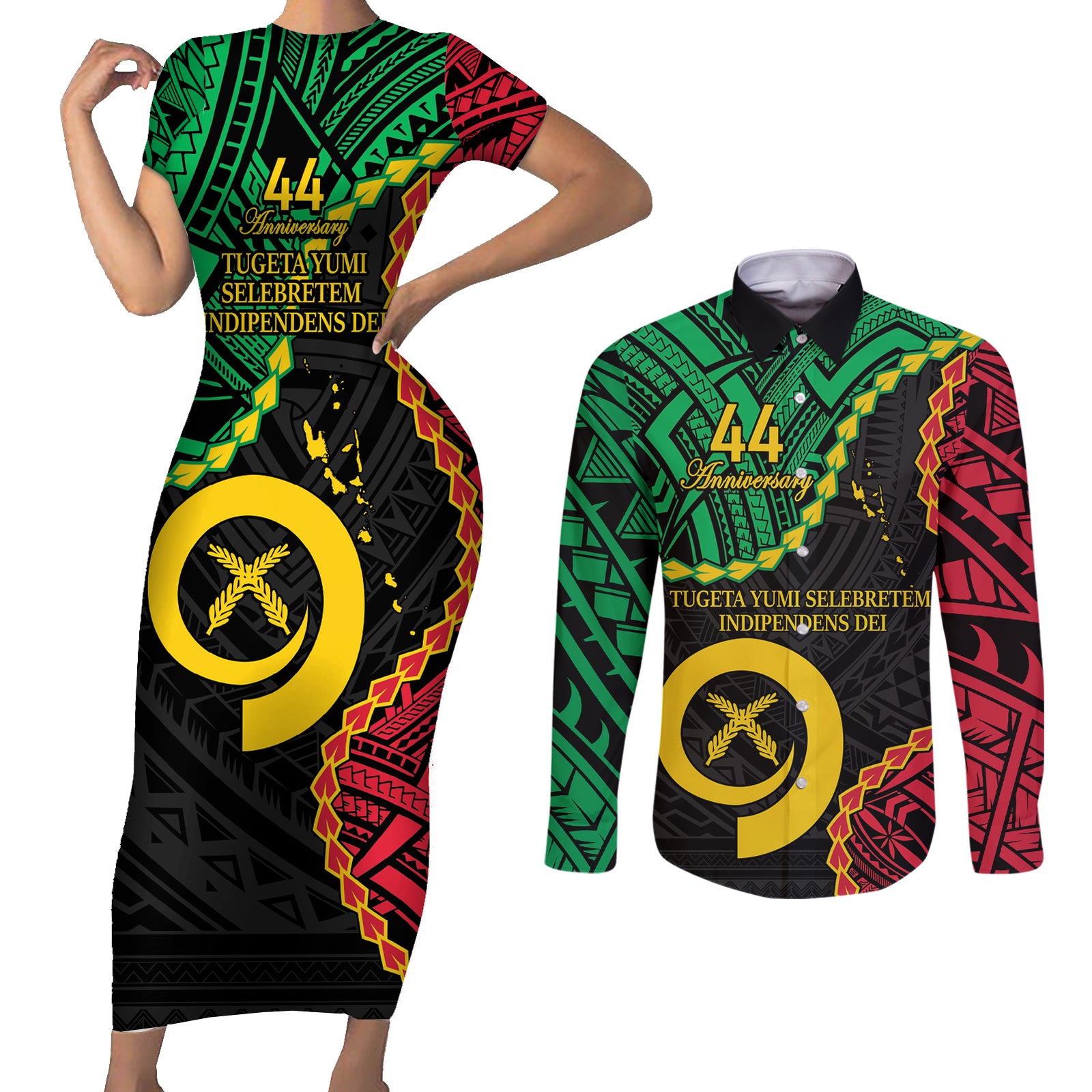 Personalised Vanuatu 44th Anniversary Couples Matching Short Sleeve Bodycon Dress and Long Sleeve Button Shirt Tugeta Yumi Selebretem Indipendens Dei