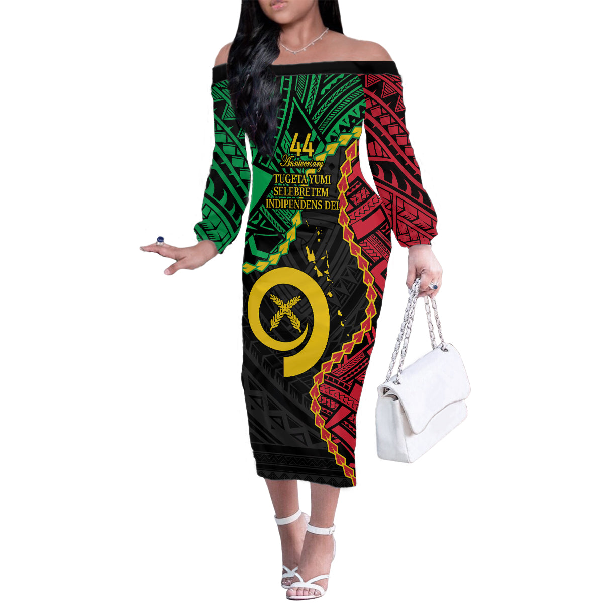 Personalised Vanuatu 44th Anniversary Family Matching Off The Shoulder Long Sleeve Dress and Hawaiian Shirt Tugeta Yumi Selebretem Indipendens Dei